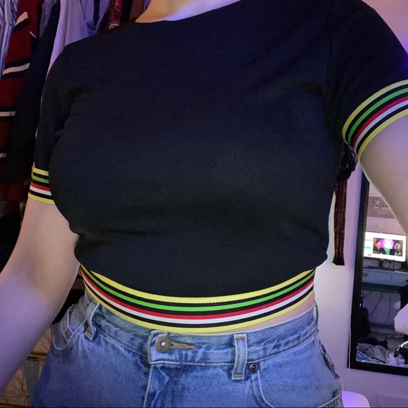 WINDSOR BLACK CROP TOP WITH COLORED STRIPE DETAILS - Picture 2 of 16